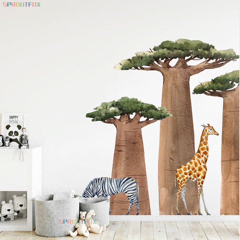Huge Tree Green Forest Animal Zebra Giraffe Wall Stickers
