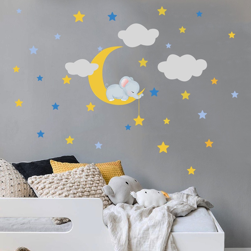 Cartoon Baby Elephant Moon Star Wall Sticker Baby Kids
