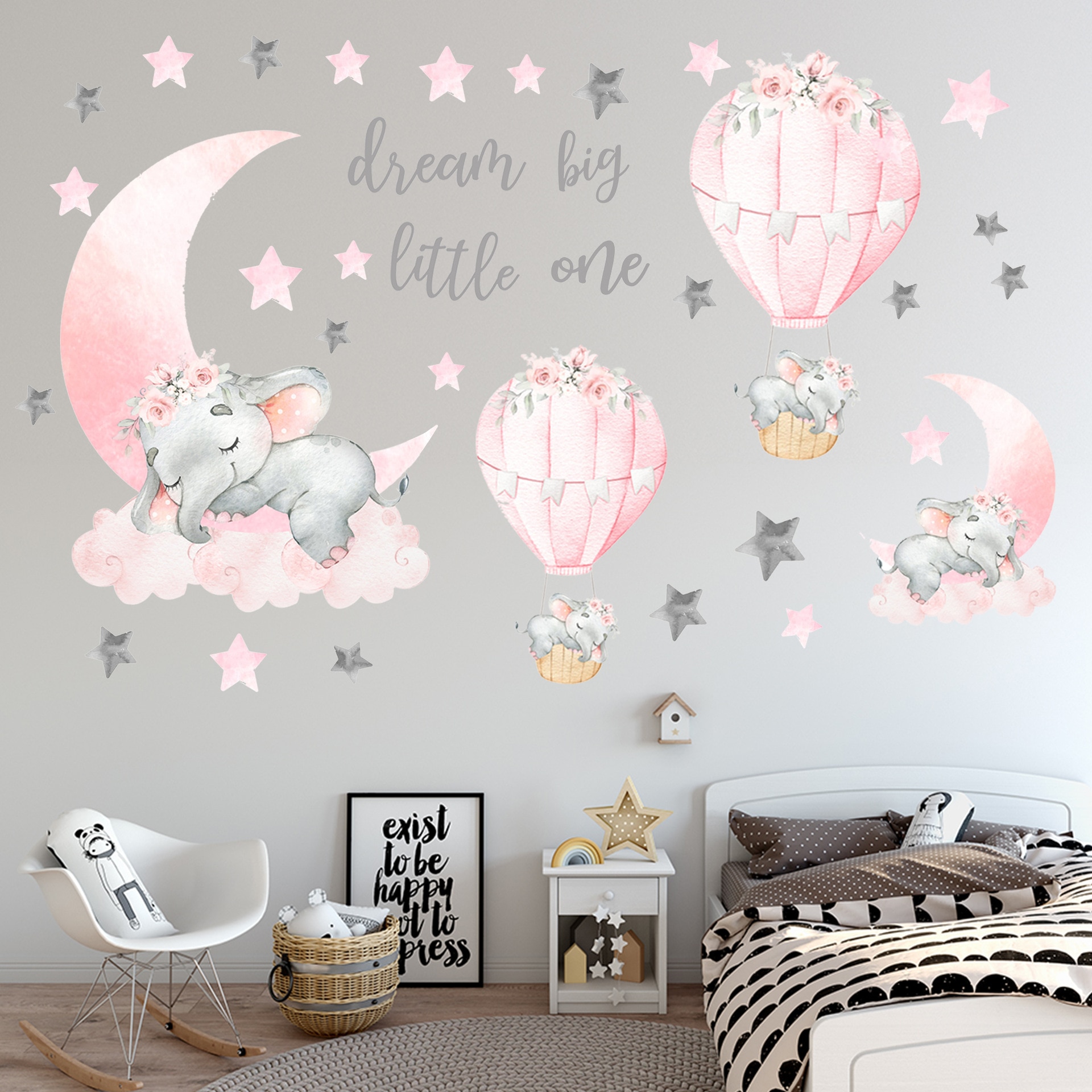 Cartoon Pink Baby Elephant Wall Stickers Hot Air Balloon