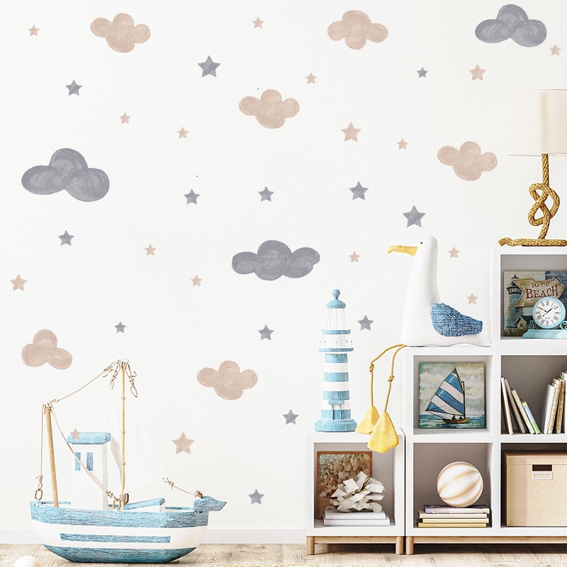 Watercolor Cloud Stars Stickers for Kids room Decor
