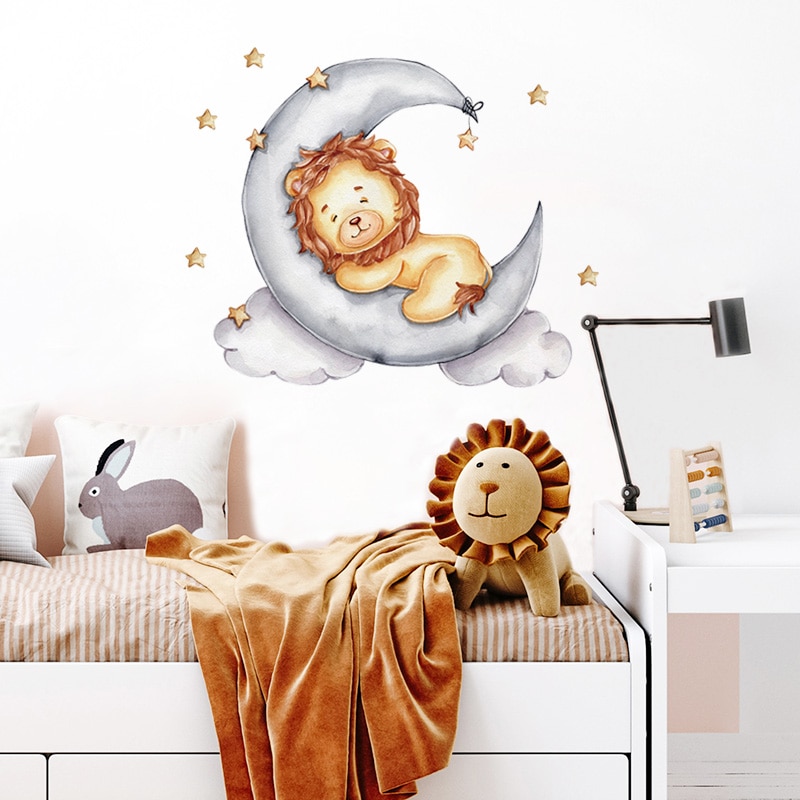 Cartoon Gold Lion Sleeping on the Moon Good Night Wall